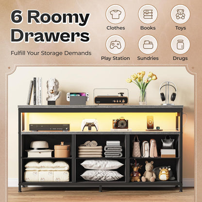 LED TV Stand with Storage for Bedrooms and Living Rooms, 47-Inch Entertainment Center for 43, 50, and 55-Inch TVs, Grey and Black Design with Power Outlets and 6 Drawer Fabric Dresser