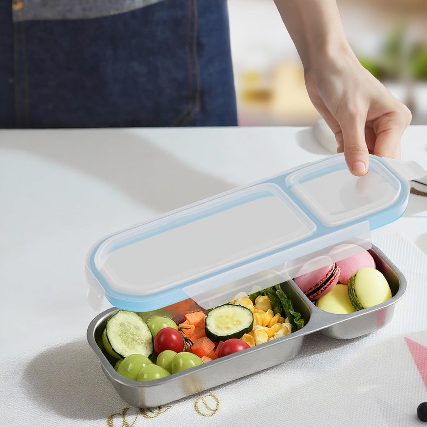 Stainless Steel Snack Containers for Kids Adults, 2 Pack 2 Compartment Metal Snack Containers Box with Lid, Reusable Food Storage Container, Leak Proof, Grab and Go, Blue