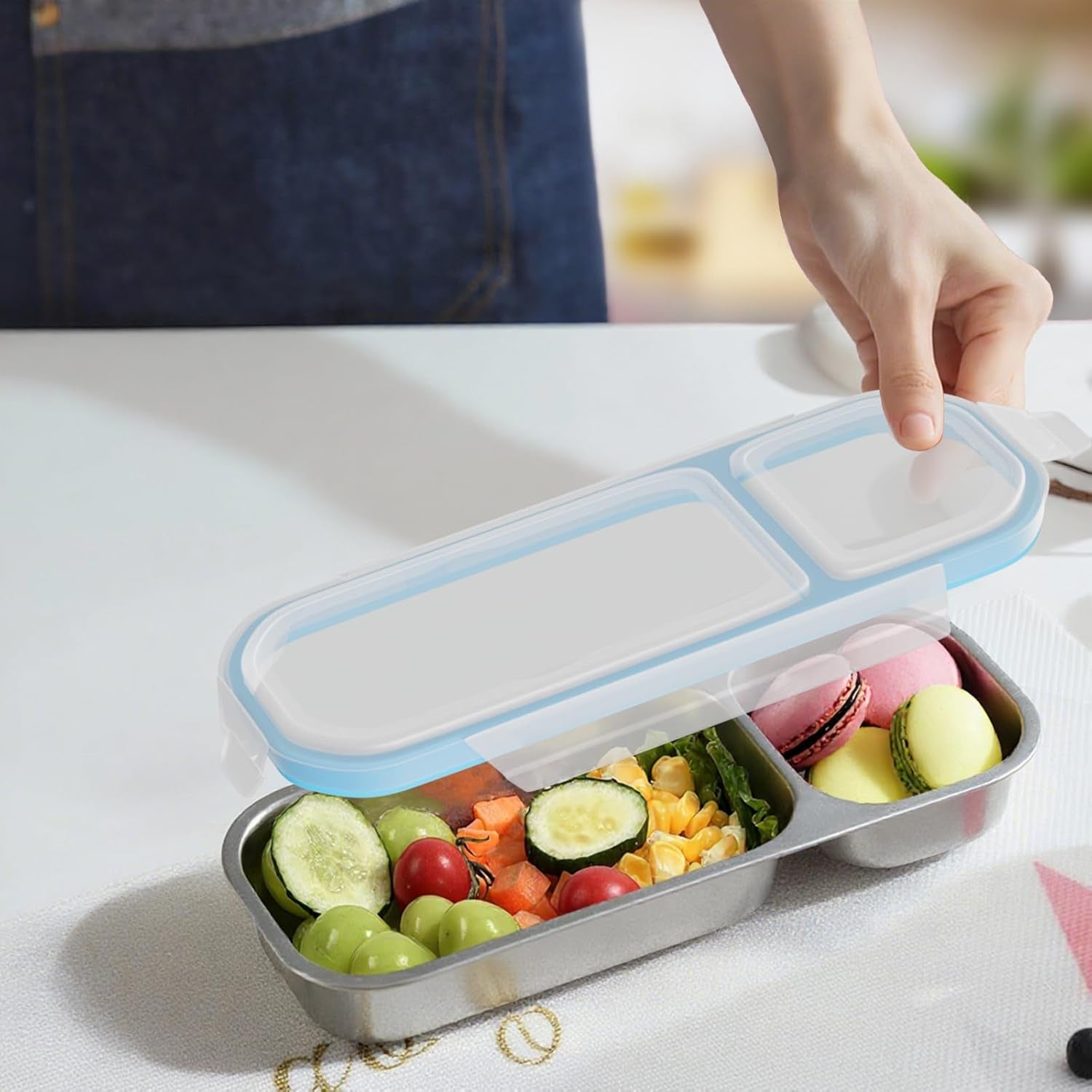 Stainless Steel Snack Containers for Kids Adults, 2 Pack 2 Compartment Metal Snack Containers Box with Lid, Reusable Food Storage Container, Leak Proof, Grab and Go, Blue