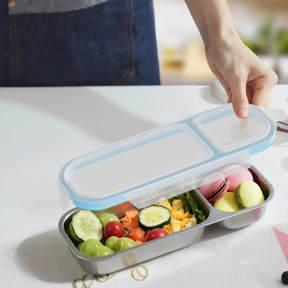 Stainless Steel Snack Containers for Kids Adults, 2 Pack 2 Compartment Metal Snack Containers Box with Lid, Reusable Food Storage Container, Leak Proof, Grab and Go, Blue