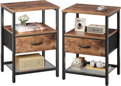 Set of 2 Nightstands with Fabric Drawers and Open Shelves, Rustic Brown Metal Frame Side Tables for Bedroom Storage