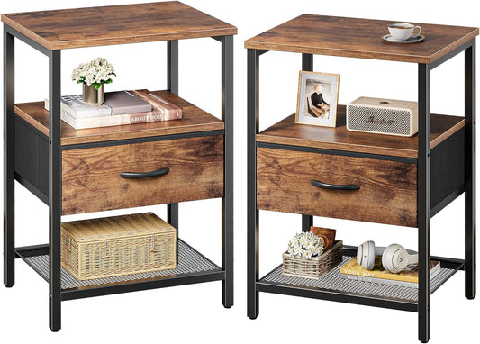 Set of 2 Nightstands with Fabric Drawers and Open Shelves, Rustic Brown Metal Frame Side Tables for Bedroom Storage