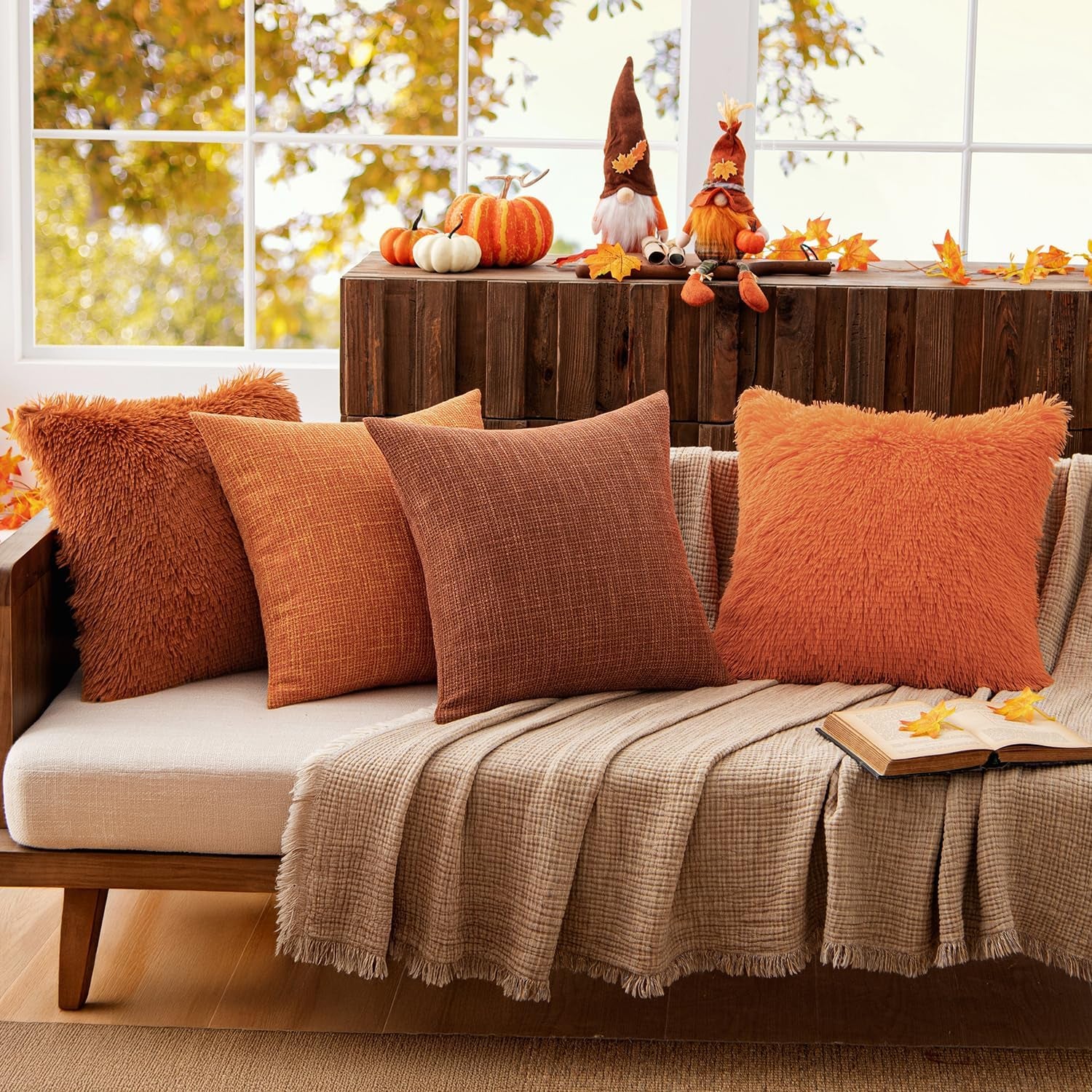 Set of 2 Fall Luxury Faux Fur Throw Pillow Covers Deluxe Decorative Plush Pillow Case Cushion Cover Shell for Sofa Bedroom Car 18X18 Inch Burnt Orange