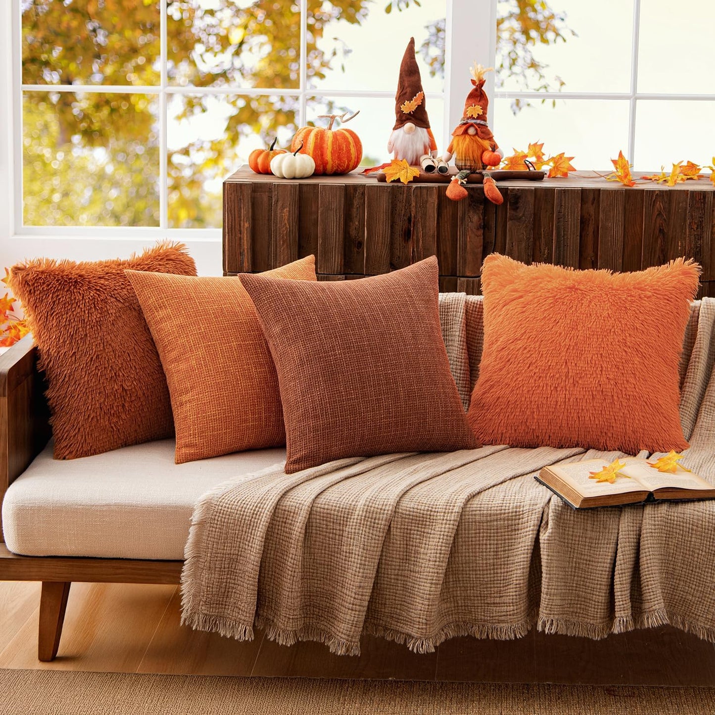 Set of 2 Fall Luxury Faux Fur Throw Pillow Cover Deluxe Decorative Plush Pillow Case Cushion Cover Shell for Sofa Bedroom Car 18X18 Inch Orange Halloween