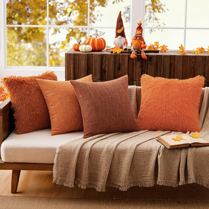 Set of 2 Fall Luxury Faux Fur Throw Pillow Cover Deluxe Decorative Plush Pillow Case Cushion Cover Shell for Sofa Bedroom Car 18X18 Inch Orange Halloween