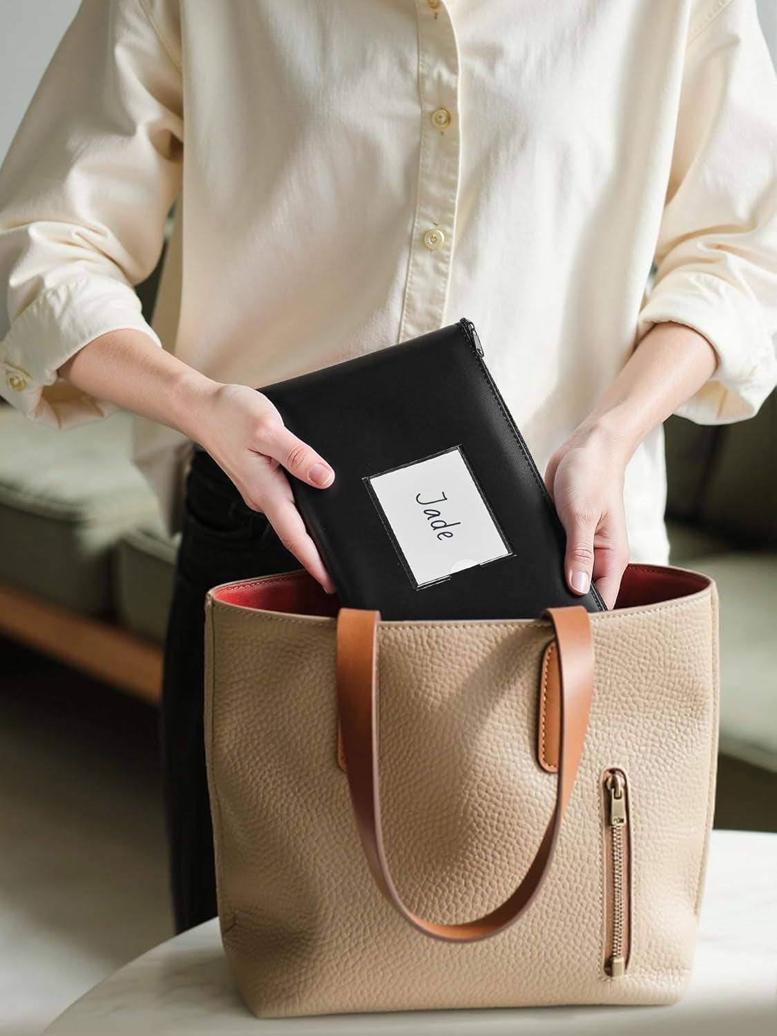 Money Bags with Zipper, 2-Pack Bank Bags with Label, Waterproof Leather Money Pouches, for Cash Coin Bill Invoice Deposit Receipt Storage and Organize, 11.5 X 6.2 Inches (Black)