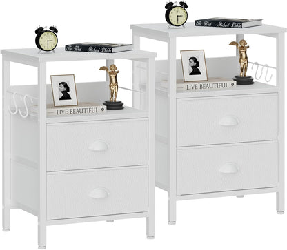 Nightstands Set of 2, End Table with 2 Fabric Drawers, Night Stand with 2 Hooks, Open Wood Shelf Bedside Table for Bedroom/Living Room/White