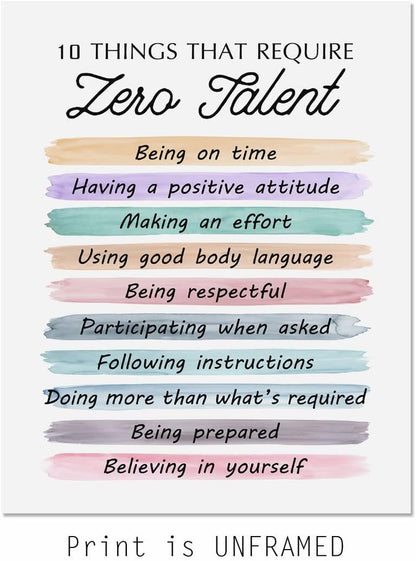 10 Things That Require Zero Talent Quote, Being on Time, Effort Body Language, Motivational Poster, Typography Art, Office Wall Decor, Success Tips, Classroom Decor, No Framed (11X14 INCH)