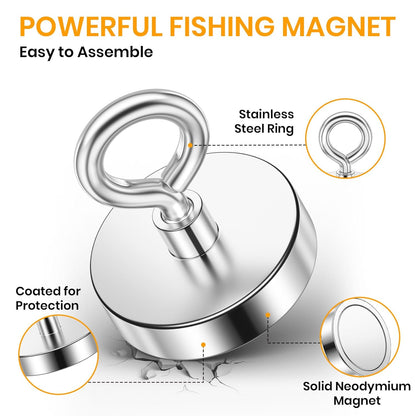 Neodymium Fishing Magnets with 300 lbs Pulling Force, Durable Rare Earth Magnets Featuring Countersunk Eyebolt for Retrieval in Water and Outdoor Environments - 1.97 Inch