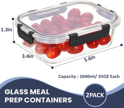 35OZ Glass Food Storage Container, Airtight Glass Lunch Fruit Containers with Lids - Microwave, Oven, Freezer and Dishwasher Safe, 2-PACK