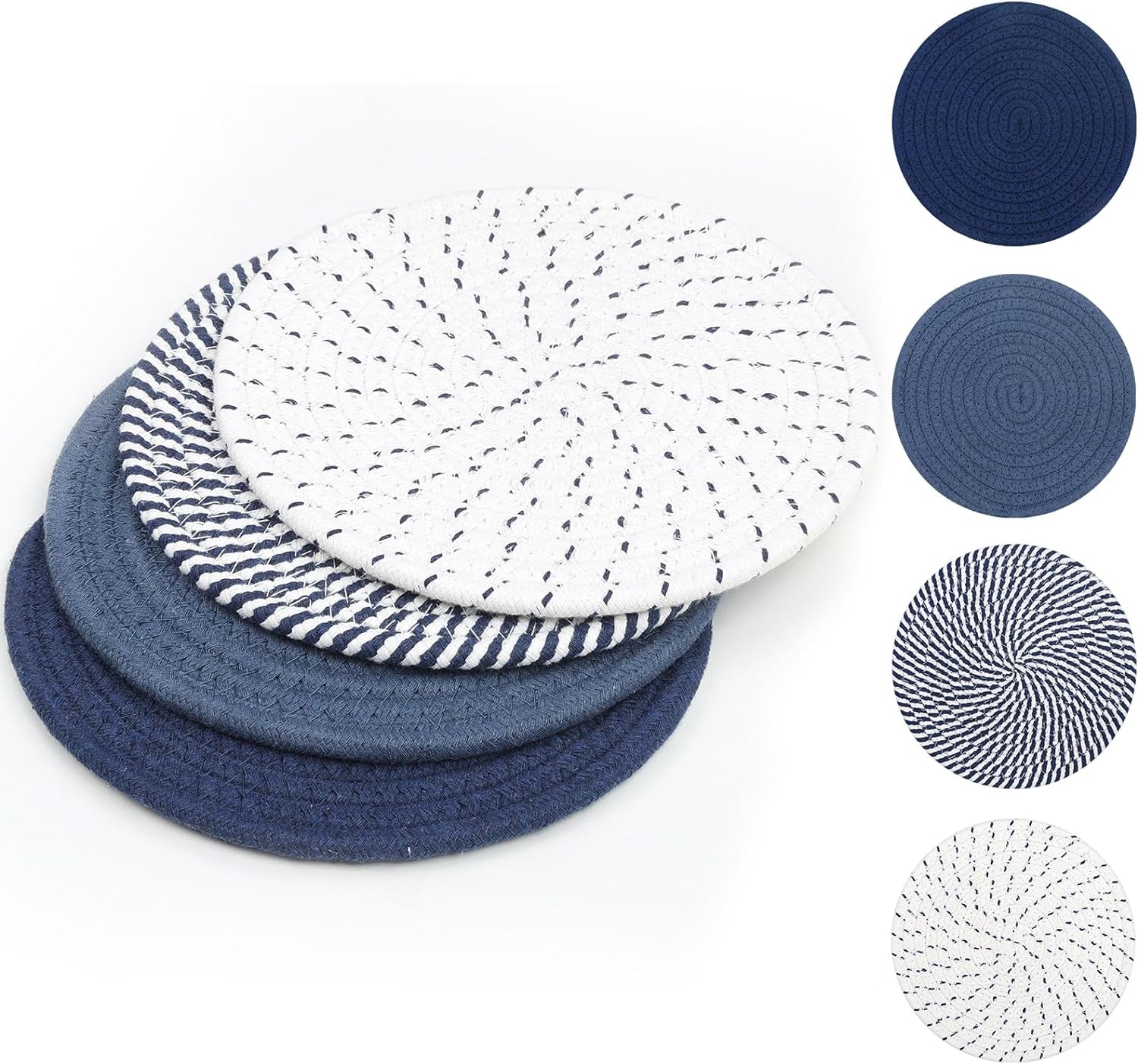 8 Inches Trivets for Hot Dishes, 4 Pieces Cotton Trivets Mats for Kitchen, Hot Pads for Countertops and Table, Heat-Resistant Pot Holders for Hot Pots and Pans(Blue, 4Pcs)