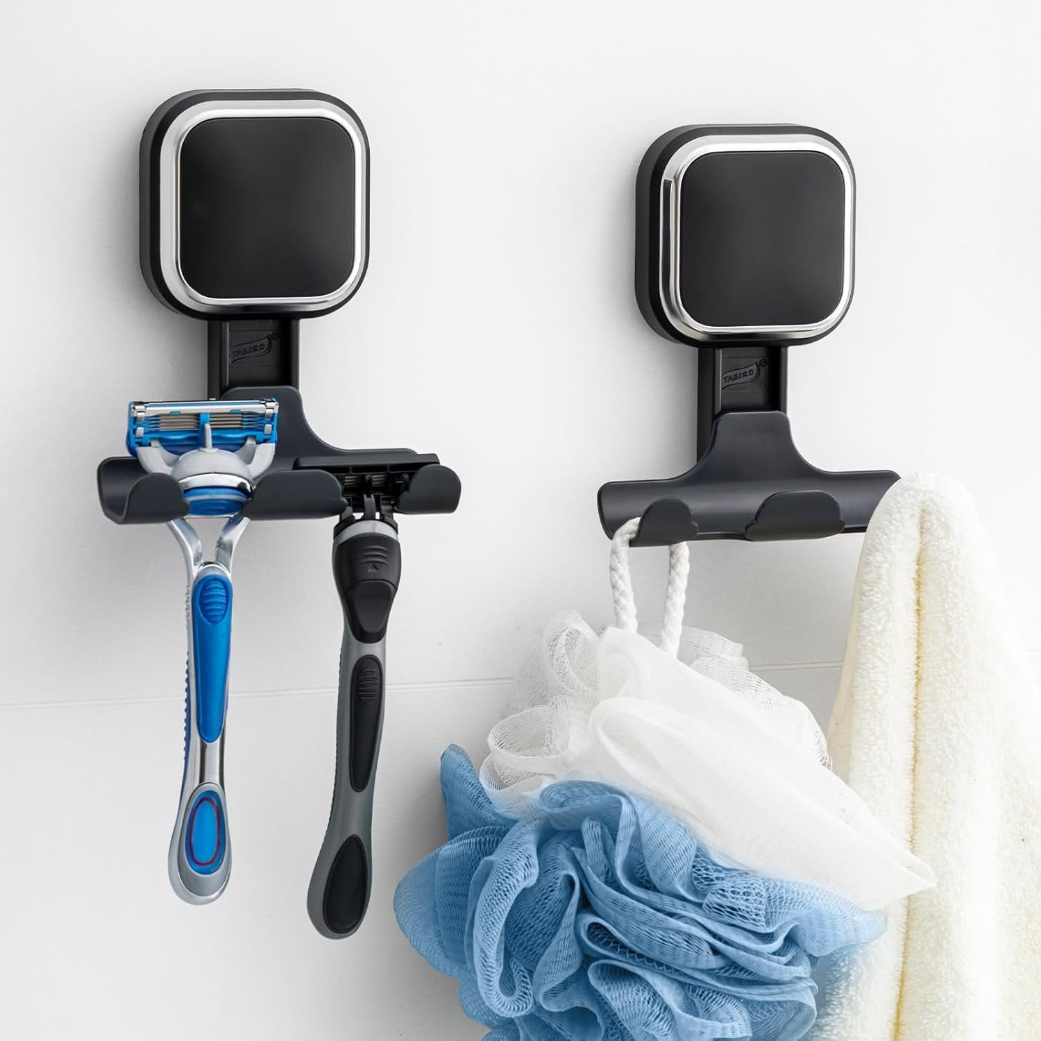 Suction Cup Razor Holder for Shower Wall 2 Pack, Versatile Suction Cup Hooks for Razor, Towel, Loofah, Squeegee, Cell Phone, Removable Damage-Free Hanging Shower Hook, Shaver Holder, Black