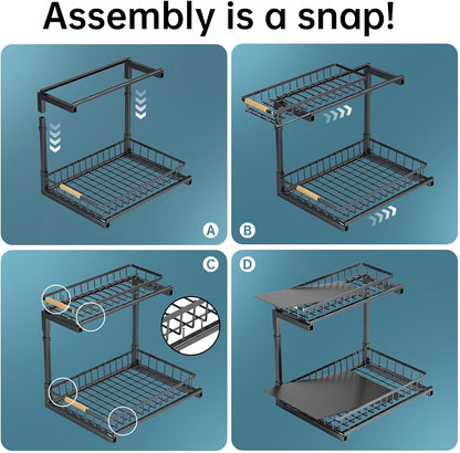2 Pack under Sink Organizer and Storage, 2 Tier Pull Out Cabinet Organizer, Slide Out under Sink Storage Shelf, Undersink Organizers Shelves for Kitchen Bathroom Pantry Organization
