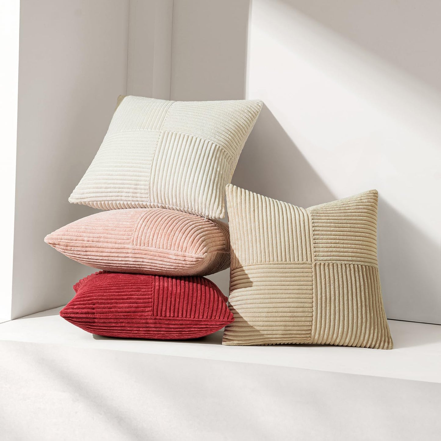 Beige Corduroy Decorative Pillow Covers - Set of 2, Soft Solid Couch Pillowcases with Cross Patchwork Design for Living Room and Bedroom, 12x24 Inches