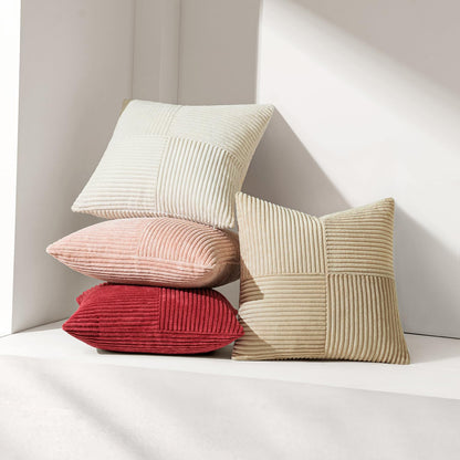 Beige Corduroy Decorative Pillow Covers - Set of 2, Soft Solid Couch Pillowcases with Cross Patchwork Design for Living Room and Bedroom, 12x24 Inches