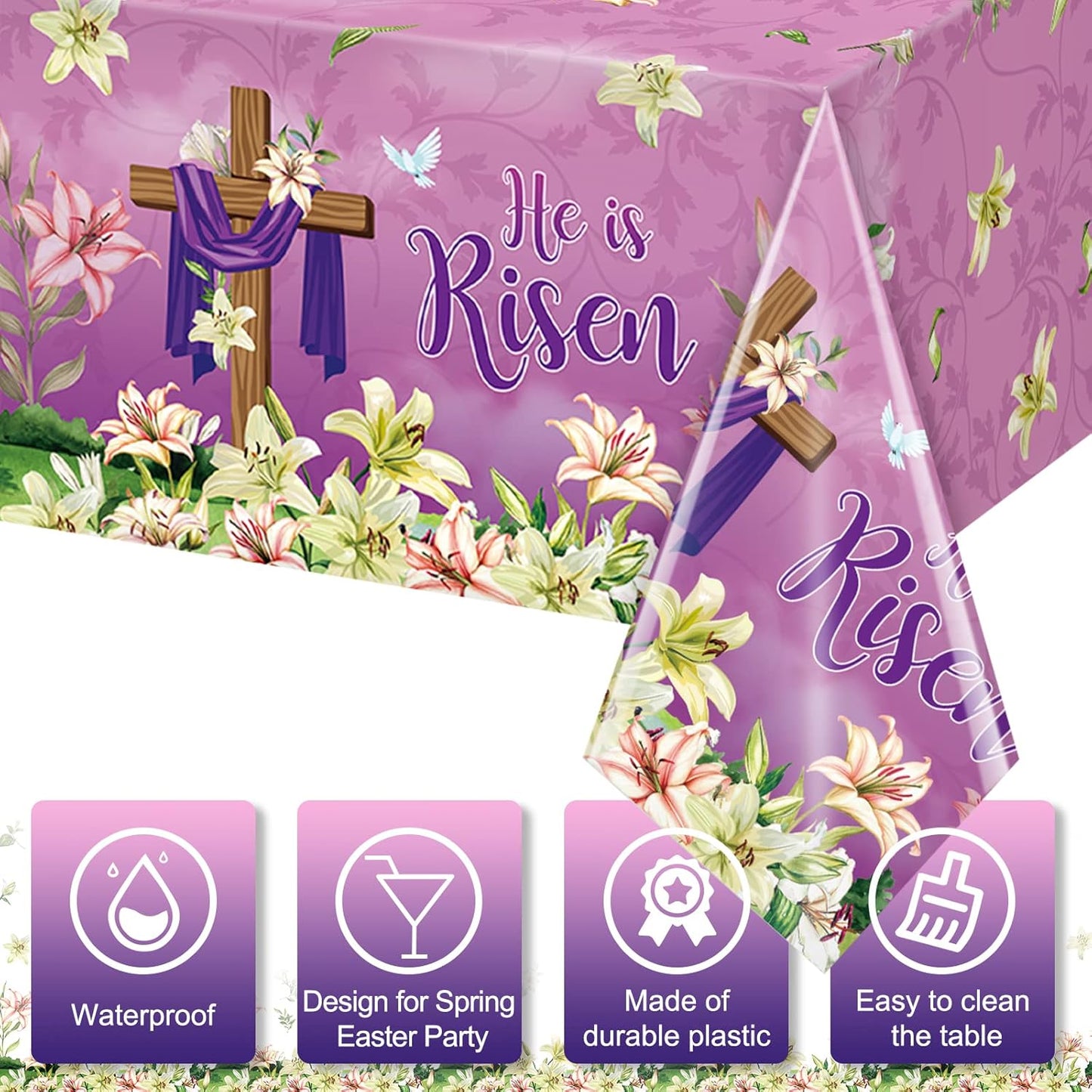 3 Pack He Is Risen Easter Tablecloth Party Decorations, Spring Lily Floral Easter Plastic Tablecloth Rectangle for Holiday Spring Farmhouse Kitchen Dining Table Decorations Indoor Outdoor, 54X108 Inch