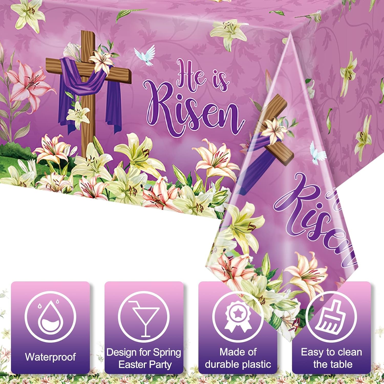 3 Pack He Is Risen Easter Tablecloth Party Decorations, Spring Lily Floral Easter Plastic Tablecloth Rectangle for Holiday Spring Farmhouse Kitchen Dining Table Decorations Indoor Outdoor, 54X108 Inch