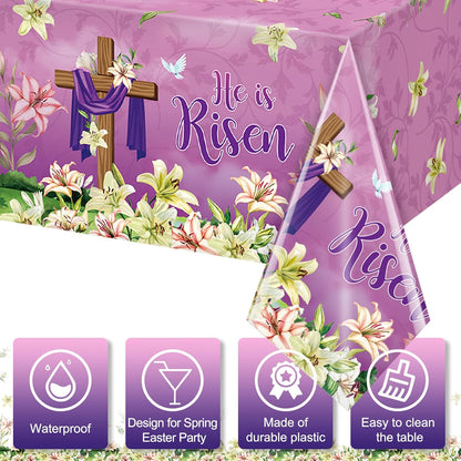 3 Pack He Is Risen Easter Tablecloth Party Decorations, Spring Lily Floral Easter Plastic Tablecloth Rectangle for Holiday Spring Farmhouse Kitchen Dining Table Decorations Indoor Outdoor, 54X108 Inch
