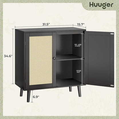 Buffet Cabinet with Storage and Synthetic Rattan Decor Doors, Solid Wood Legs, Ideal for Hallway, Entryway, or Living Room, Black Finish