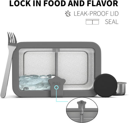 Stainless Steel Bento Box for Adult, 42Oz Leak-Proof Lunch Box Containers with Adjustable Divider, Microwave-Safe, Metal Lunchbox with Glass Lid for Work Travel, Silver