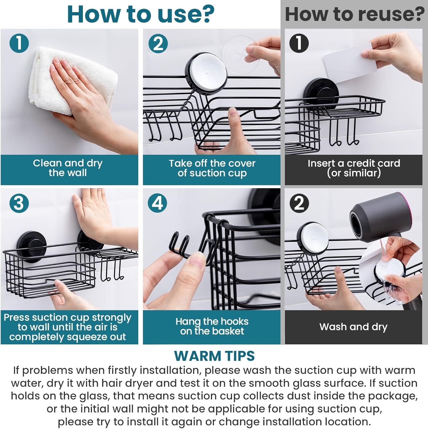 Shower Caddy Suction Cup with Hooks and Soap Holder, Heavy Duty Bathroom Shower Organizer, No Drilling Bathroom Holder with Large Capacity, Metal Black Storage Basket