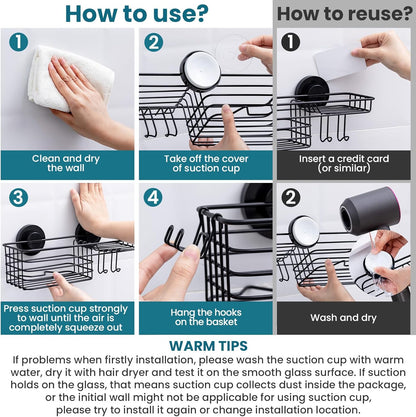 Shower Caddy Suction Cup with Hooks and Soap Holder, Heavy Duty Bathroom Shower Organizer, No Drilling Bathroom Holder with Large Capacity, Metal Black Storage Basket