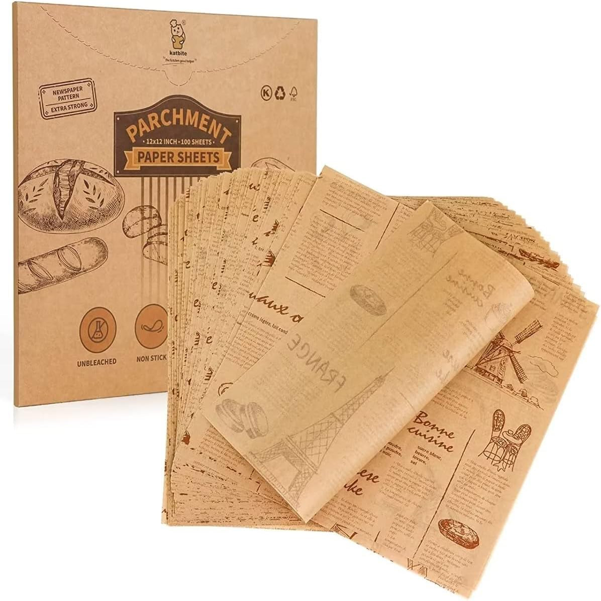 100 Pcs Sandwich Wrapping Paper, 12X12 Inch Food Basket Liners, Grease Proof & Non-Stick Baking Parchment Paper