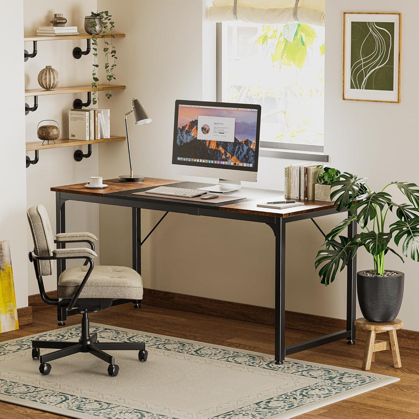 63-Inch Modern Office Desk with Metal Frame, Rustic Brown and Black Finish, Ideal for Home Office, Gaming, and Study Use, Spacious Design with Large Legroom