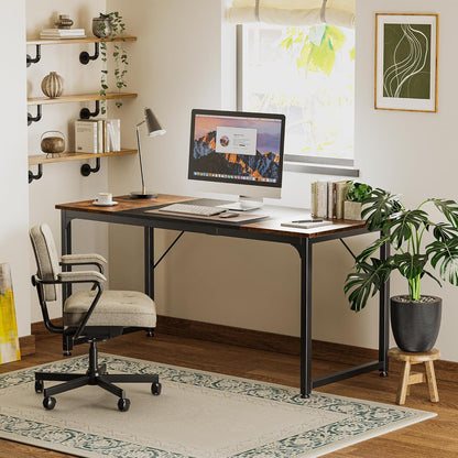 63-Inch Modern Office Desk with Metal Frame, Rustic Brown and Black Finish, Ideal for Home Office, Gaming, and Study Use, Spacious Design with Large Legroom