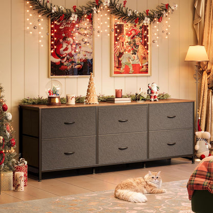 63-Inch Long Dresser and Wide TV Stand for 55-70 Inch TVs, 6-Drawer Storage Organizer with Fabric Drawers, Rustic Brown and Black Finish for Bedroom and Entryway