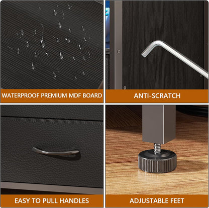 55" LED TV Stand for Bedroom with Power Outlets, Entertainment Center with 6 Fabric Drawers for 50/55/60 Inch Tvs, Dresser TV Stand Long Console Media Table for Living Room, PU Black