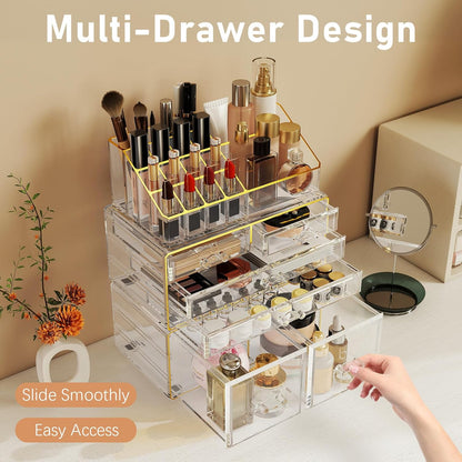 Makeup Organizer Countertop, Bathroom Organizers and Storage for Dresser, Vanity, No Install, Ideal for Large Skincare, Perfume, Present, Pink