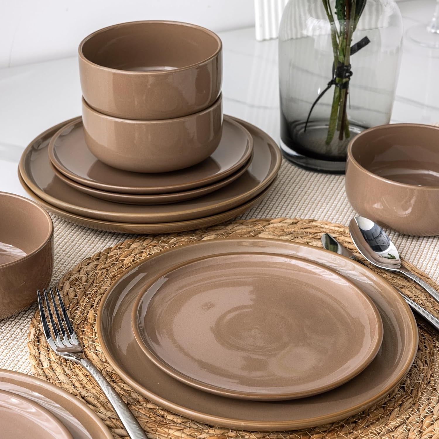 Ceramic Dinnerware Set for Four - 12-Piece Stoneware Plate and Bowl Collection with Reactive Glaze, Scratch Resistant, Dishwasher and Microwave Safe