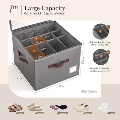 Shoe Organizer for Closet, 2 Pack Shoe Organizer with Transparent Cover and Sturdy Handles, Closet Shoe Storage for Sneakers Sandals Slippers, Fit 12-16 Pairs, Gray