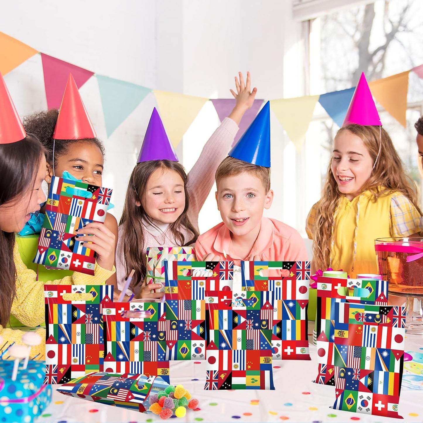 50 Pcs International Flag Plastic Gift Bags,World Flags Treat Goodie Bags with Handle for Soccer Sports Party Celebration School Party Decorations,6.7X 10 Inches