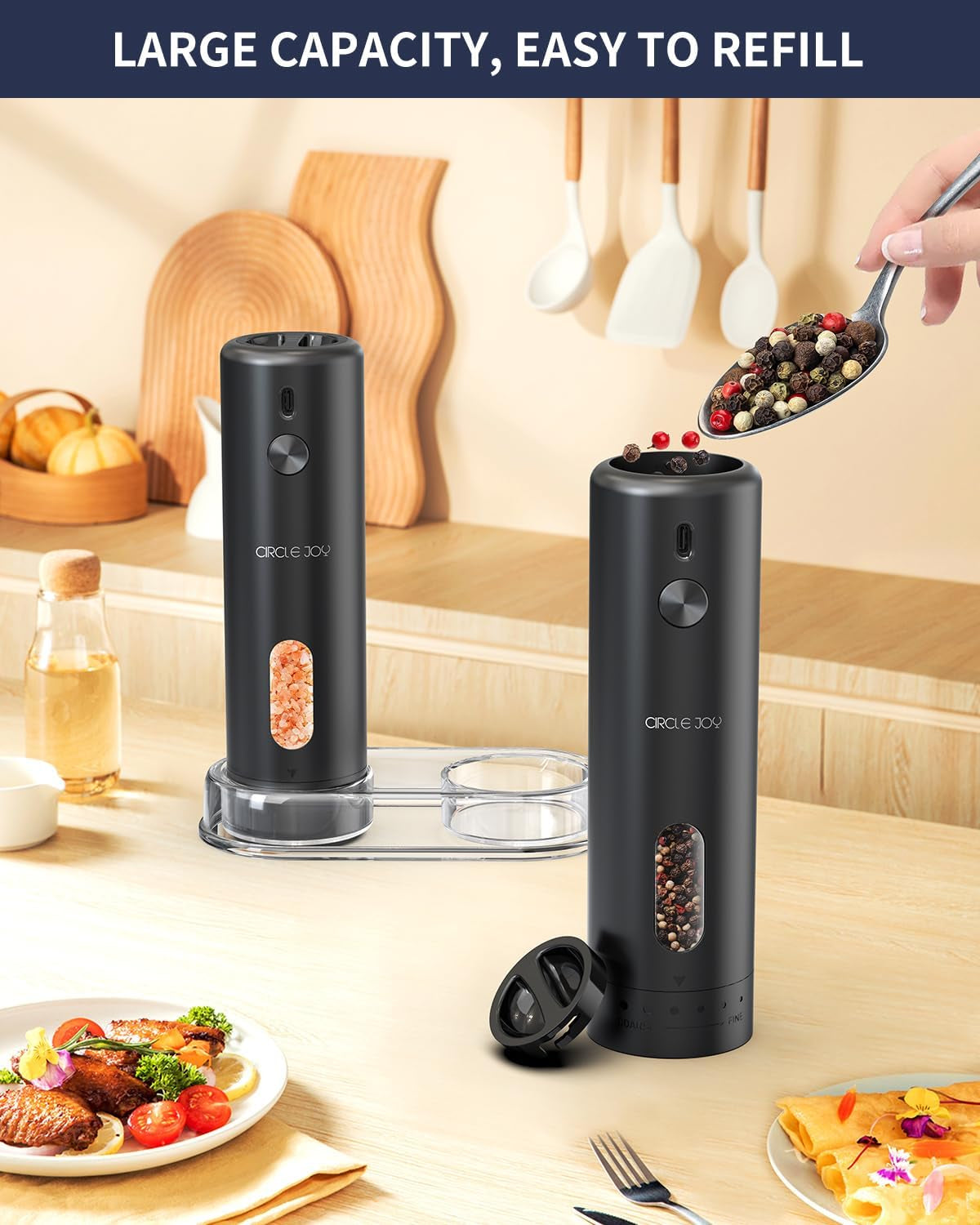 Rechargeable Electric Salt and Pepper Grinder Set with Base, Automatic Pepper Mills with 110Ml Container, External Adjustable Coarseness, White Led Light and One-Handed Operation, Black