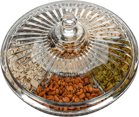 Creative Acrylic Multifunctional Party Snack Tray with Lid,Serving Dishes for Dried Fruits Nuts Candies Fruits,6-Compartment (Round)