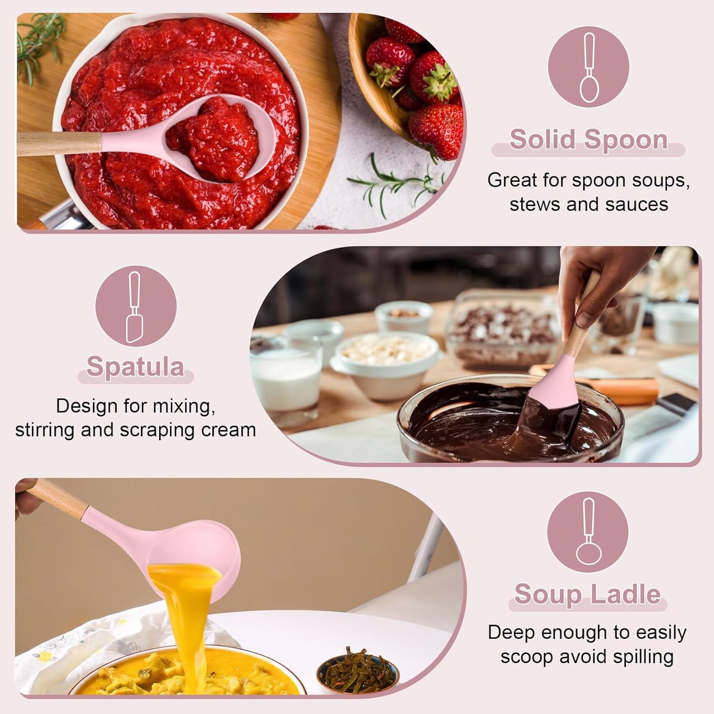 Cooking Utensils Set, 6 PCS Kitchen Utensils with Wooden Handle, Silicone Spatula for Nonstick Cookware, Easy Clean & Non-Toxic, Pink