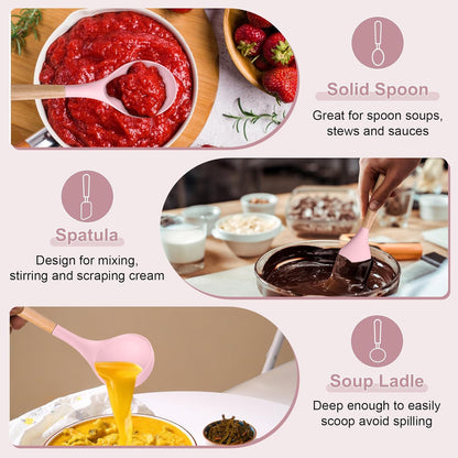 Cooking Utensils Set, 6 PCS Kitchen Utensils with Wooden Handle, Silicone Spatula for Nonstick Cookware, Easy Clean & Non-Toxic, Pink