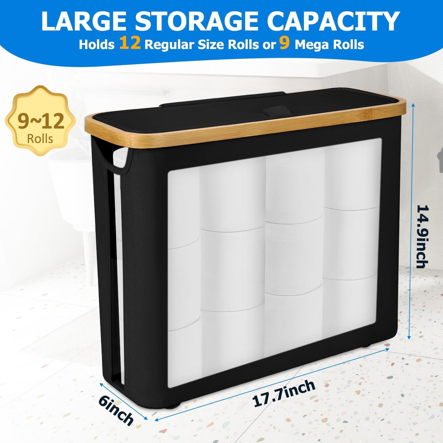 Toilet Paper Storage Basket, Toilet Paper Container with Lid, Bathroom Organizer Hold up to 9 Mega Rolls or 12 Regular Rolls, Black