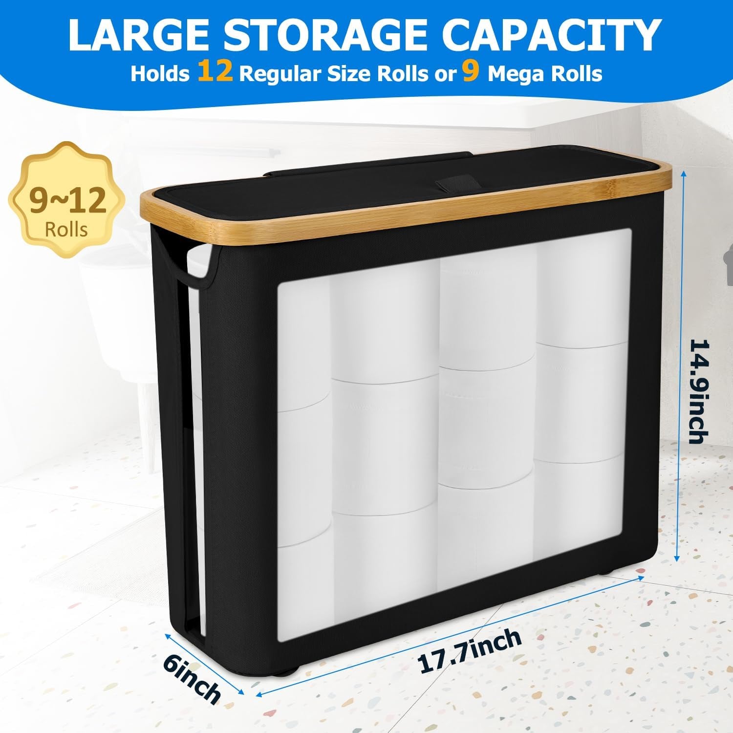 Toilet Paper Storage Basket, Toilet Paper Container with Lid, Bathroom Organizer Hold up to 9 Mega Rolls or 12 Regular Rolls, Black
