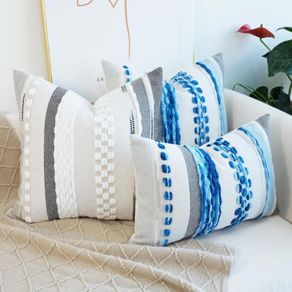 Pack of 2 Boho Throw Pillow Covers Accent Striped Pillowcovers Farmhouse Decorative Cushion Case Home Decor 18 X 18 Inch Blue
