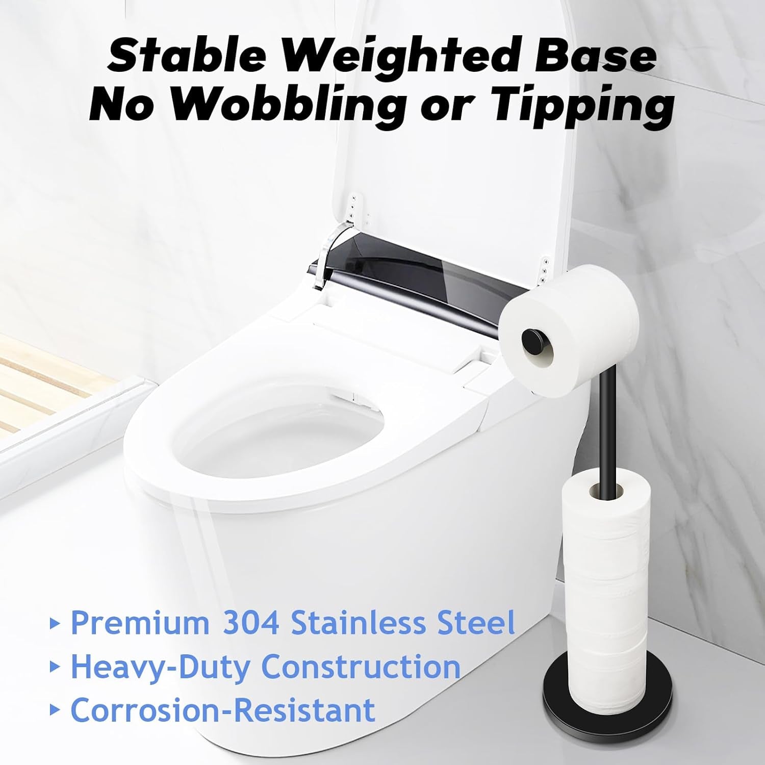 Toilet Paper Holder Stand, Bathroom Toilet Paper Roll Holder Stainless Steel Free Standing, Storage for 4 Rolls of Paper, Matte Black