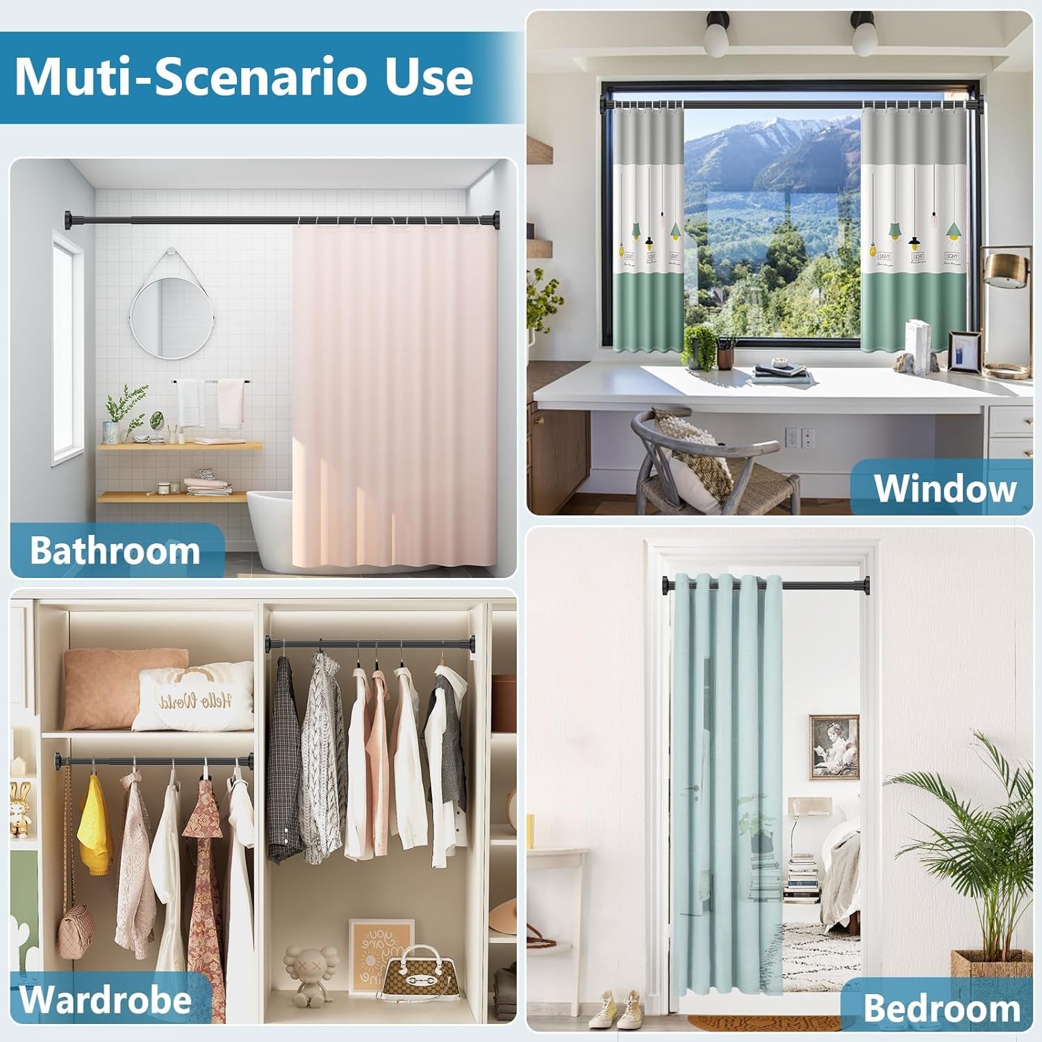 Adjustable Non-Slip Stainless Steel Tension Curtain Rod, 32-75 Inches, Rust-Resistant Telescoping Design for Bathroom, Kitchen, Dorm, RV - No Drilling Required, Easy Installation, Black