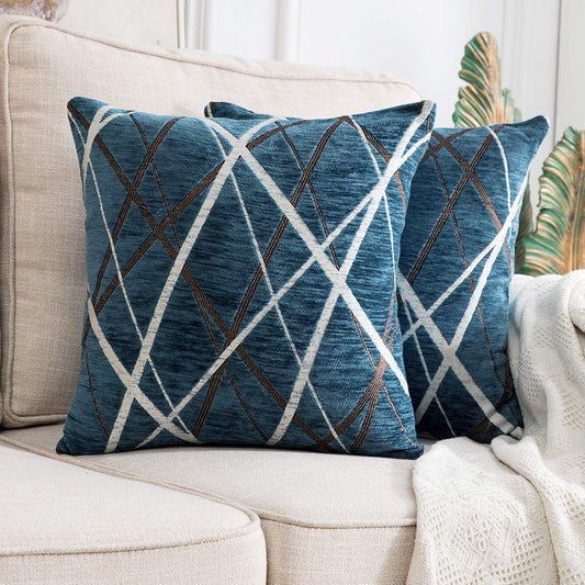 Pack of 2 Decorative Throw Pillow Covers Woven Textured Chenille Cozy Modern Concise Soft Blue Square Cushion Shams for Bedroom Sofa Car 18 X 18 Inch