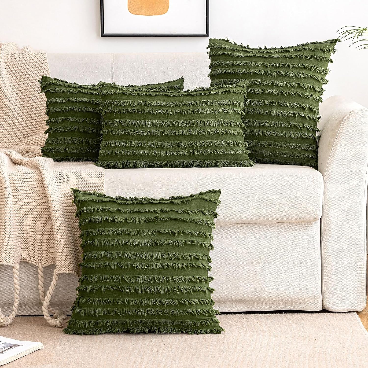 Pack of 2 Decorative Boho Throw Pillow Covers 20X20 Inch Sage Green Pillowcases Linen Striped Jacquard Pattern Pillow Covers Modern Farmhouse Home Decor for Spring Sofa Living Room Couch