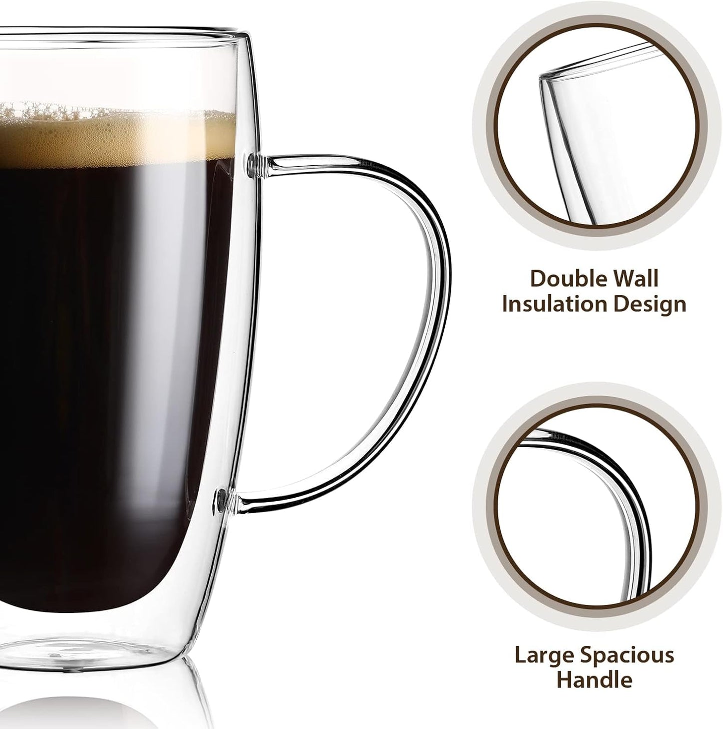 2-Pack 15 Oz Double Walled Glass Coffee Mugs with Handle,Large Insulated Layer Coffee Cups,Clear Borosilicate Mugs,Perfect for Cappuccino,Tea,Latte,Espresso,Hot Beverage,Wine,Microwave Safe