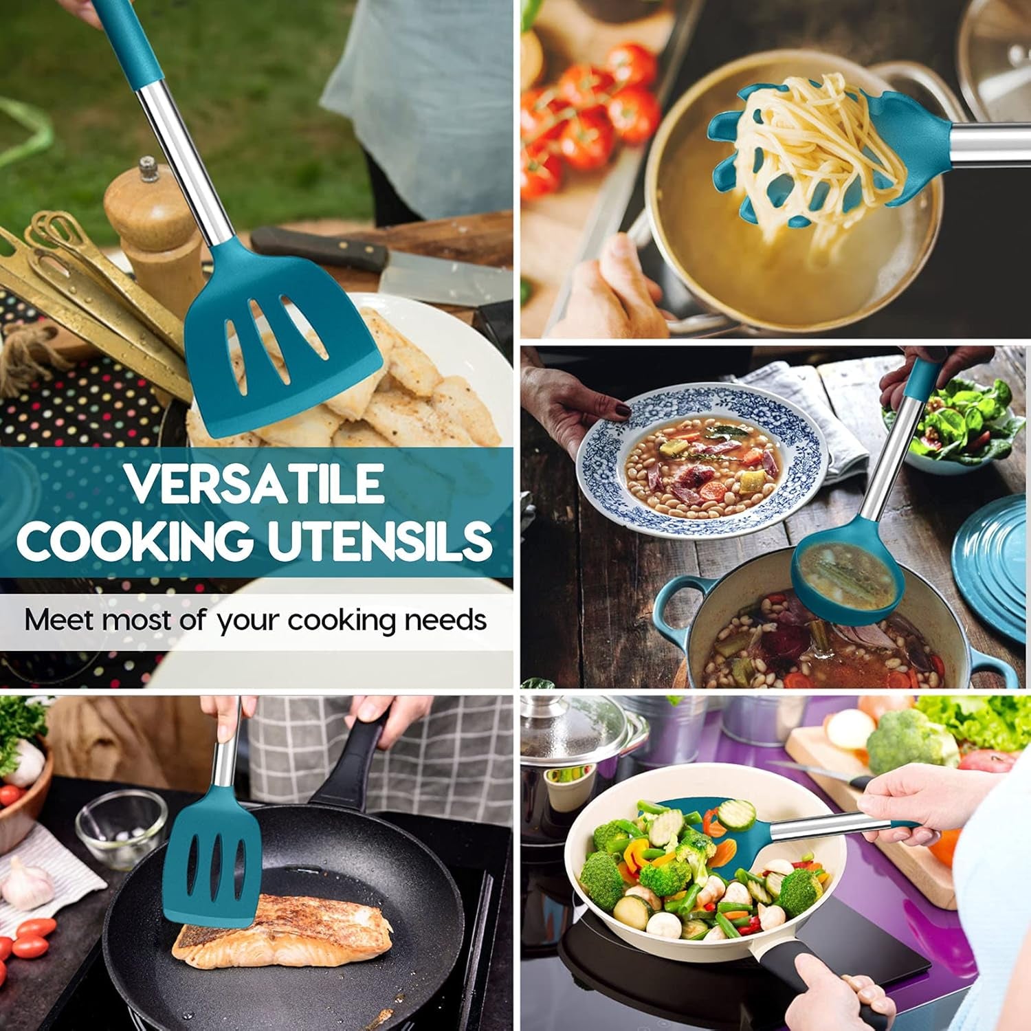 Kitchen Utensils Set of 10,  Heat-Resistant Silicone Cooking Utensil with Stainless Steel Handle, Include Turner,Spatula,Spoon,Tong,Pizza Cutter, Dishwasher Safe, Blue