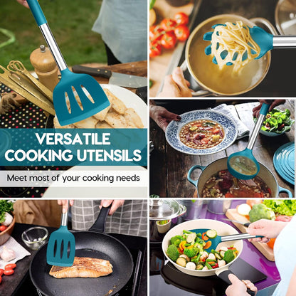 Kitchen Utensils Set of 10,  Heat-Resistant Silicone Cooking Utensil with Stainless Steel Handle, Include Turner,Spatula,Spoon,Tong,Pizza Cutter, Dishwasher Safe, Blue