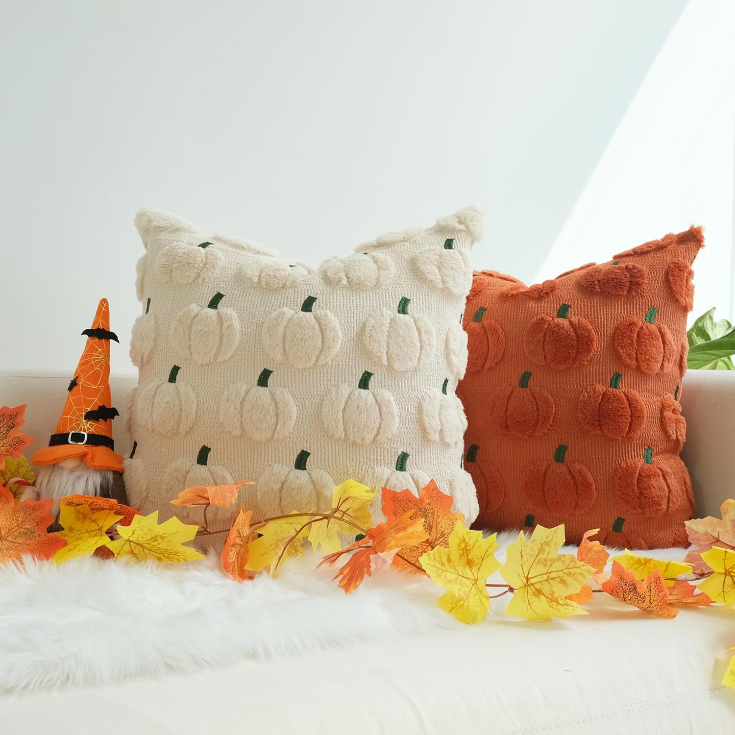 Fall Pillow Covers Pack of 4 Pumpkin Throw Pillowcases Faux Fur Couch Cushion Orange 18 X 18 Inch